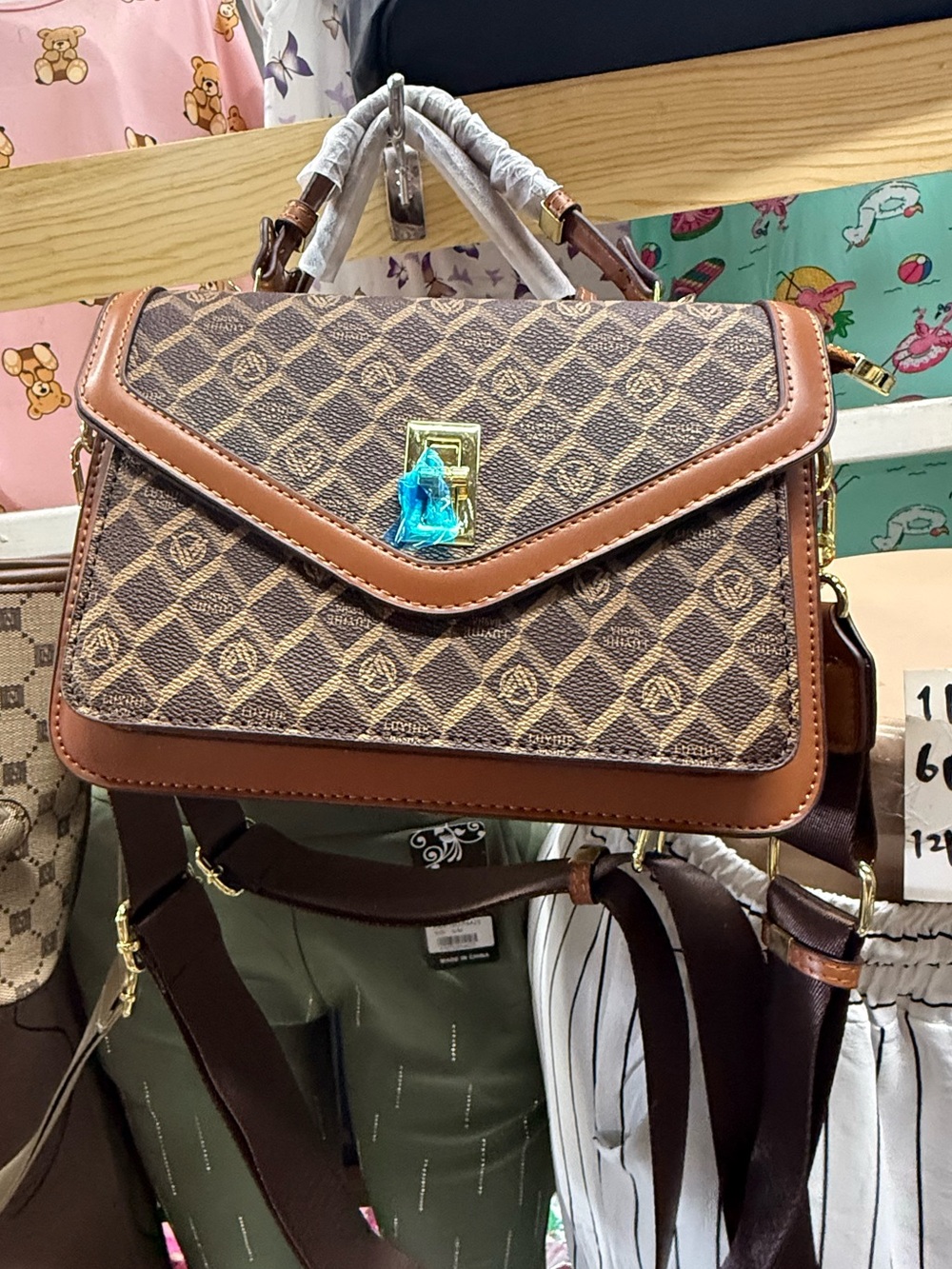 Brown Patterned Top-Handle Crossbody Bag